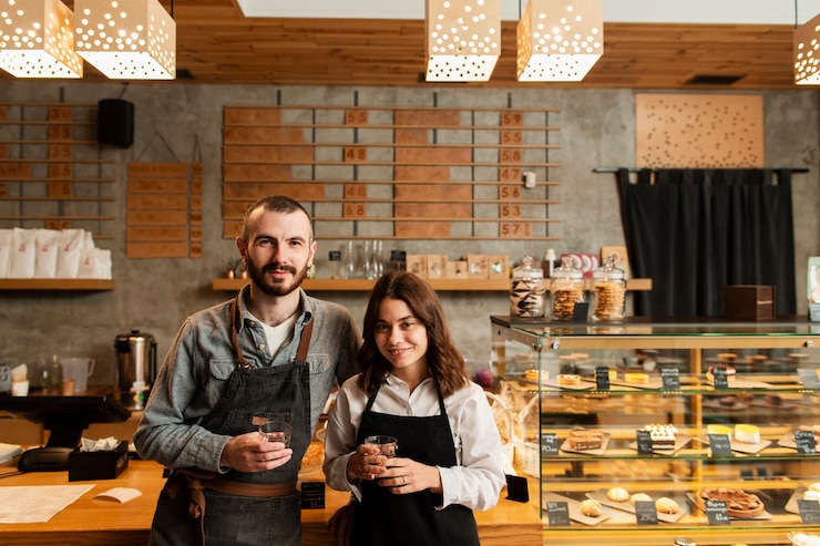 pareja delantales posando tazas cafe 23 21483667041